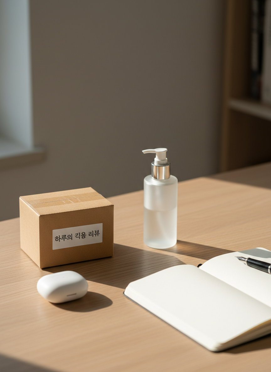 A sleek wooden desk holds a neatly arranged collection of everyday products: a matte white wireless earbud case, a frosted glass skincare bottle with a silver pump, and a compact cardboard shipping box with a clean, minimal label that reads “하루의 기록 리뷰.” The items are positioned with precise spacing on a pale oak surface beside an open, blank notebook and a black fountain pen. Soft morning daylight from an unseen window to the left casts gentle, natural shadows and subtle reflections, creating a calm, professional atmosphere. Photographic realism, shot at eye level with a slight angle, uses shallow depth of field so the foreground products are tack-sharp while the background fades into a smooth, neutral blur, emphasizing an honest, organized review workspace.