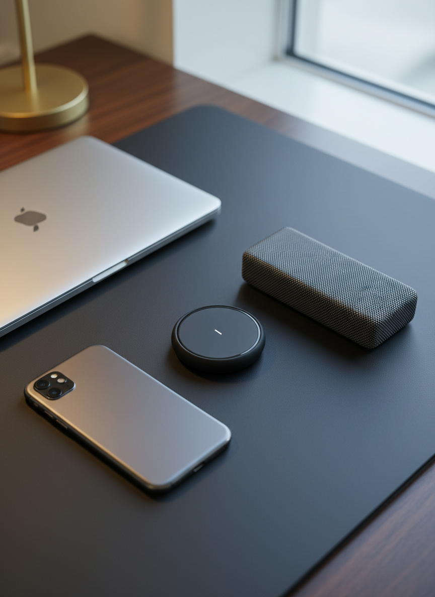 A compact arrangement of three different electronic gadgets rests on a matte charcoal desk pad: a brushed aluminum smartphone with a subtle reflection along its edge, a small black wireless charger with a soft rubberized texture, and a slim Bluetooth speaker with a fine fabric mesh grill. A minimal, closed laptop in the background sits slightly out of focus, contributing to a professional tech-review feel. Cool, diffused daylight from a nearby window on the right blends with a soft, warm desk lamp glow on the left, creating balanced, realistic lighting with nuanced highlights and shadows. Photographic realism, shot from an overhead, flat-lay perspective, uses careful spacing and rule-of-thirds composition to give each device its own visual space while maintaining a clean, objective atmosphere for honest product evaluation.